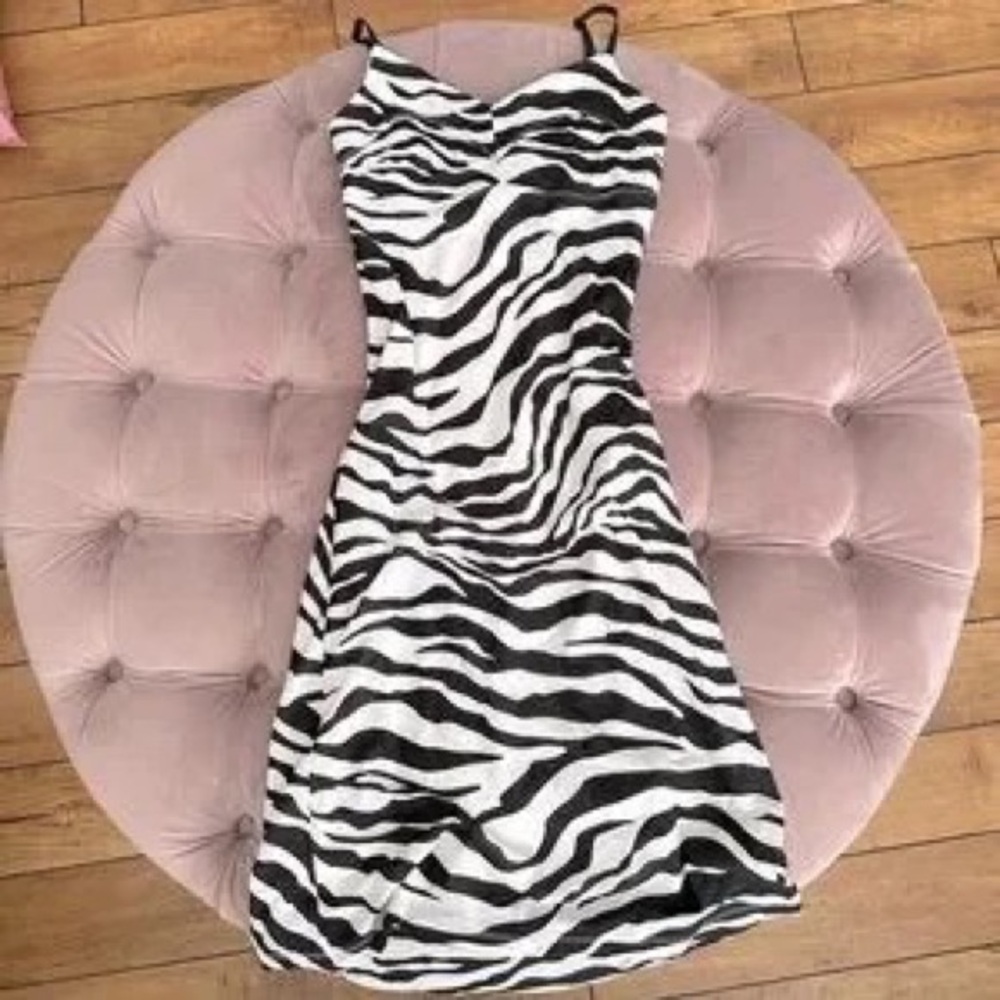 Guess Black & White Zebra-Print Slip Dress